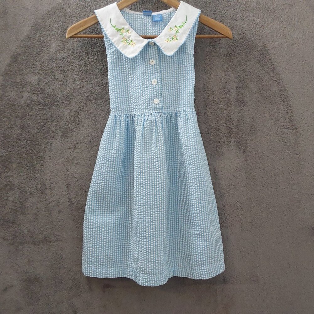 OCI Girls Blue Gingham Dress Embroidered Collar Sleeveless Vintage Style